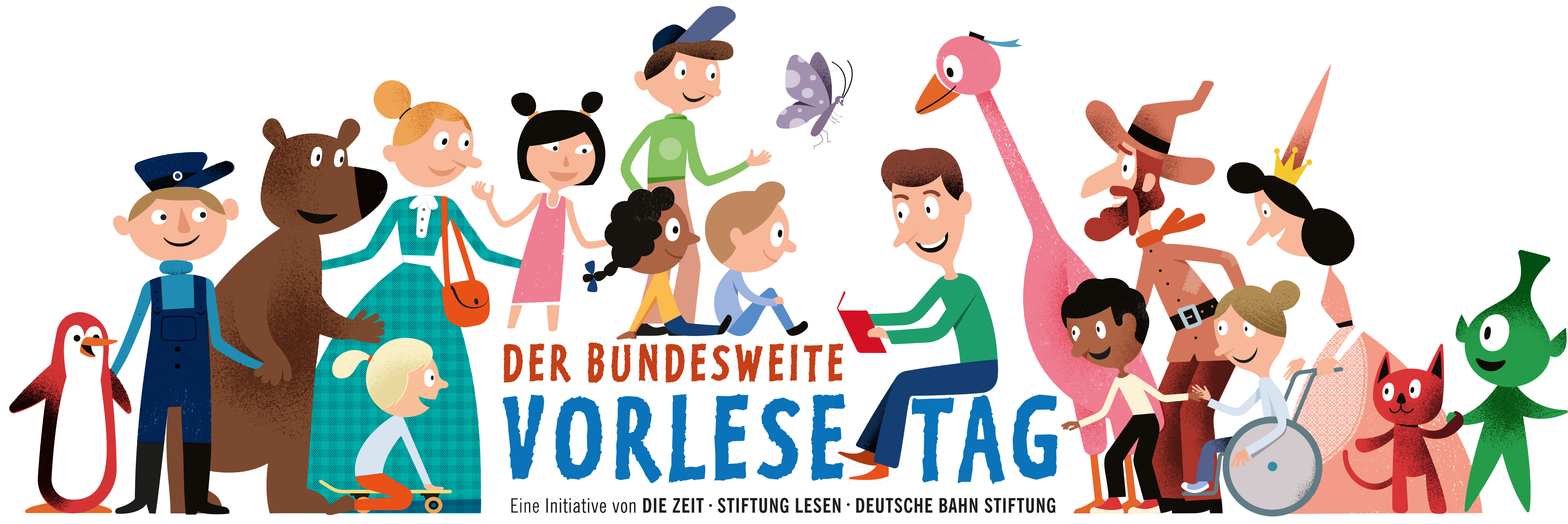 Illustration zum Bundesweiten Vorlesetag mit Kindern, Fantasiefiguren und lesenden Menschen.